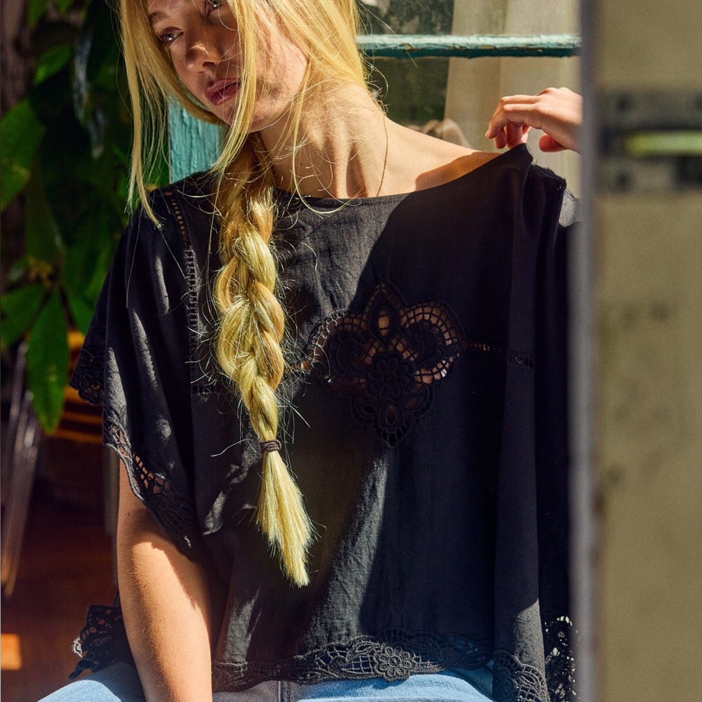 Lara Daisy Black Openwork Blouse